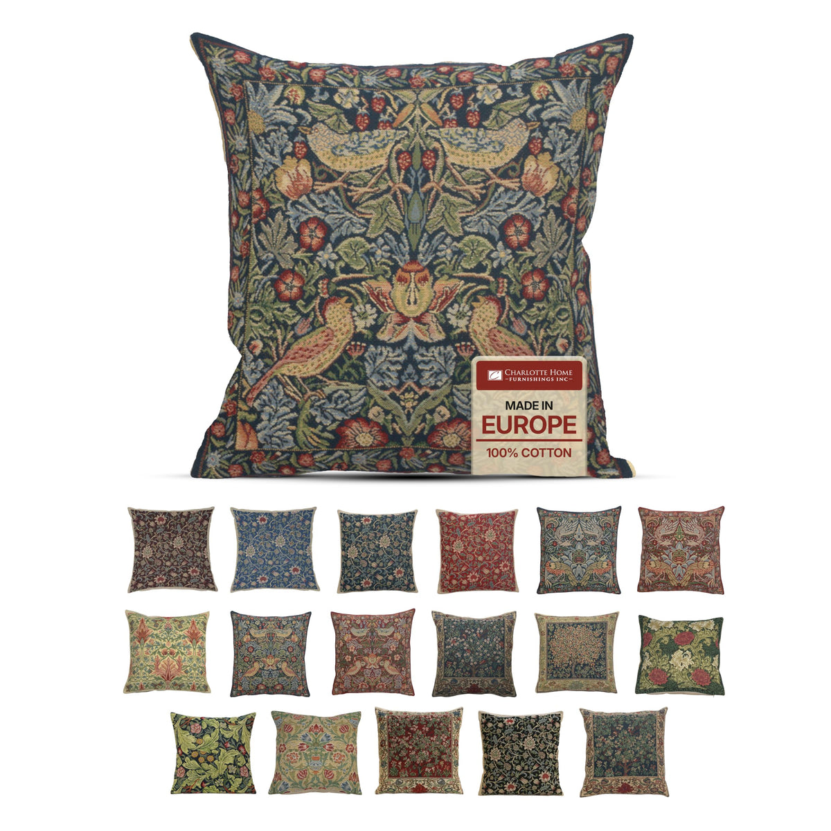 William Morris Fleurs de Morris Red Tapestry Throw Pillow Cover 16 x 16 in