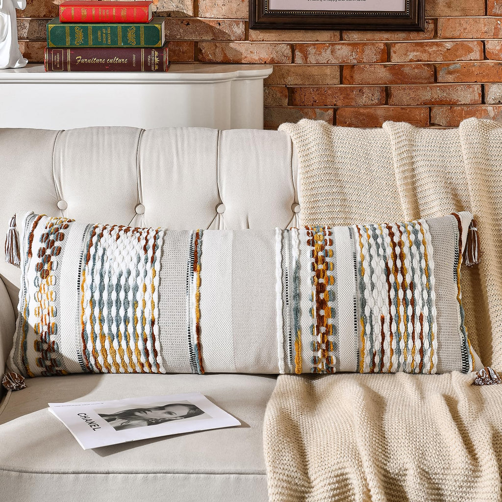 AmHoo Set of 2 Chenille Striped Textured Boho Throw Pillow Covers Aesthetic with Tassels Woven Decorative Pillow Case for Couch Bed Sofa Bedroom Modern Funky 18 x 18-Inch Brown