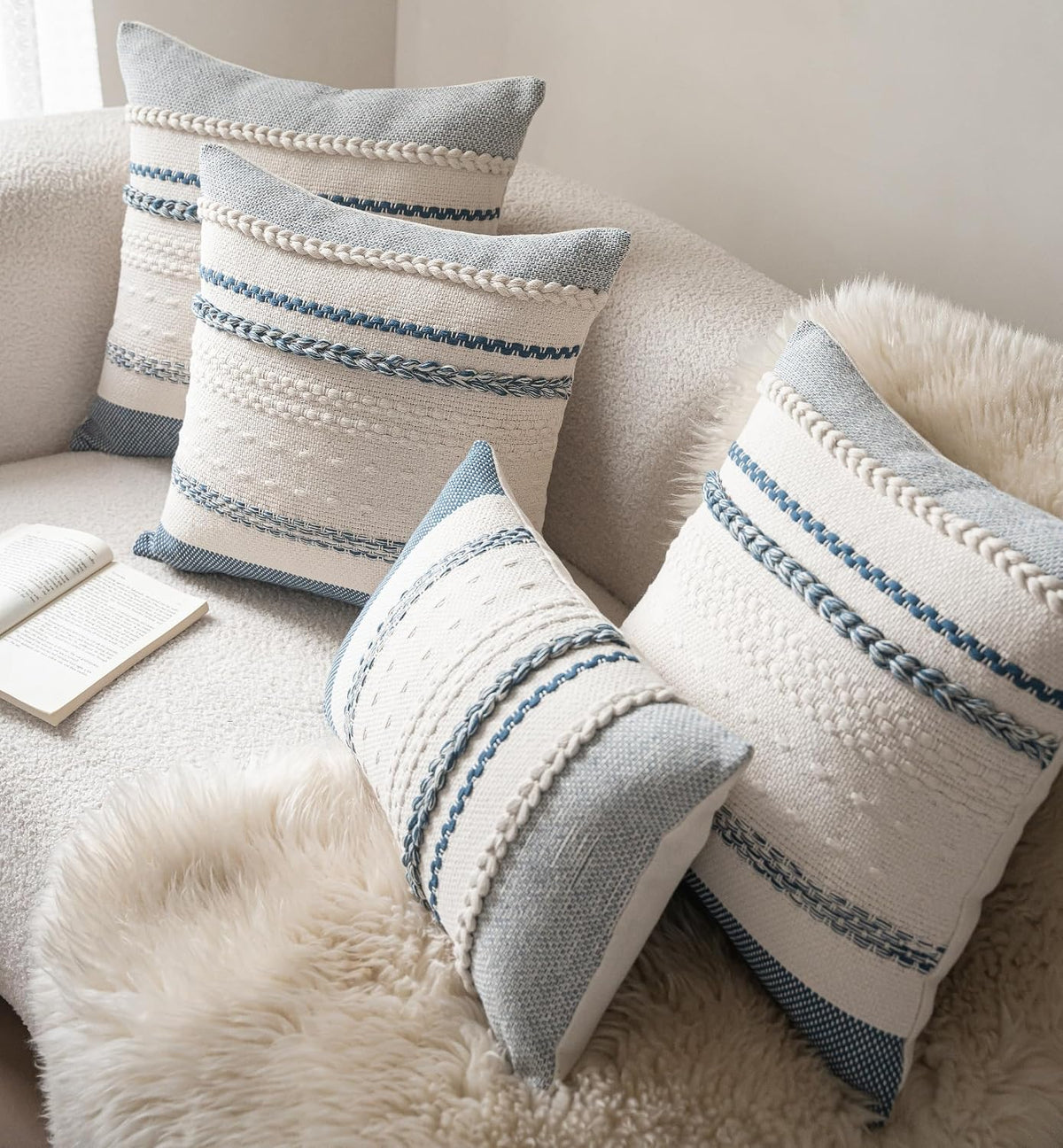 Cethom Boho Throw Pillow Covers 20x20 Inch Set of 2, Blue Textured Decorative Couch Pillow Cases for Farmhouse Home Decor, Accent Cushion Cover for Sofa, Bed, Living Room, Bedroom