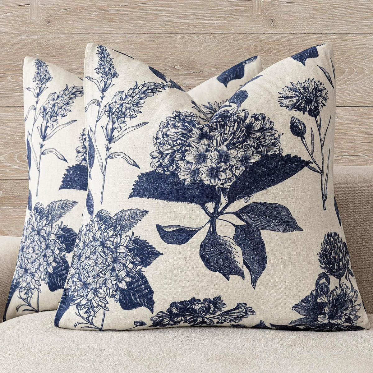 Foindtower Set of 2 Linen Floral Vintage Throw Pillow Covers Neutral Accent Print Decorative Cozy Cushion Covers Farmhouse Boho Home Decor for Sofa Chair Couch Bed Living Room,18×18 Inch,Navy Blue