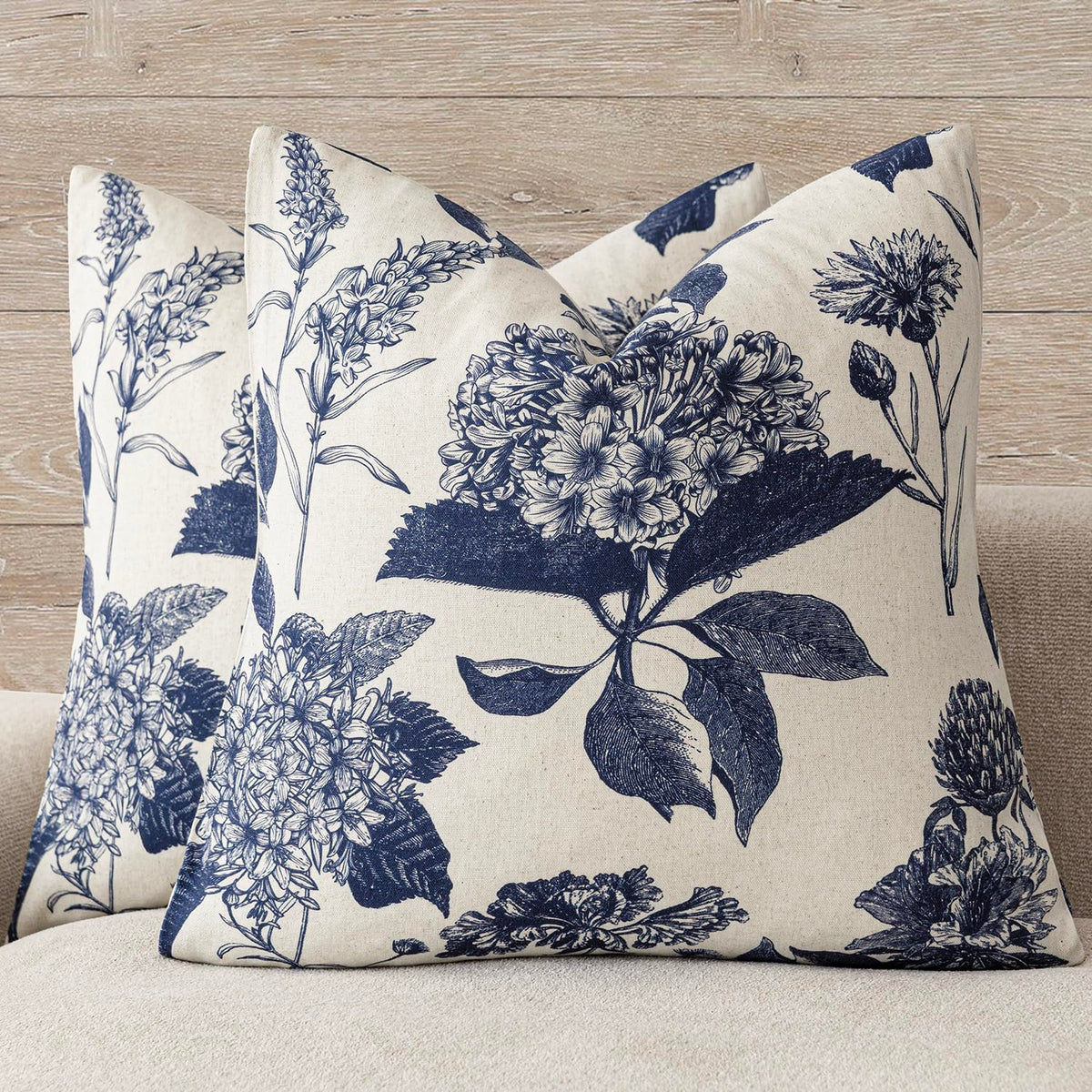 Foindtower Set of 2 Linen Floral Vintage Throw Pillow Covers Neutral Accent Print Decorative Cozy Cushion Covers Farmhouse Boho Home Decor for Sofa Chair Couch Bed Living Room,18×18 Inch,Navy Blue