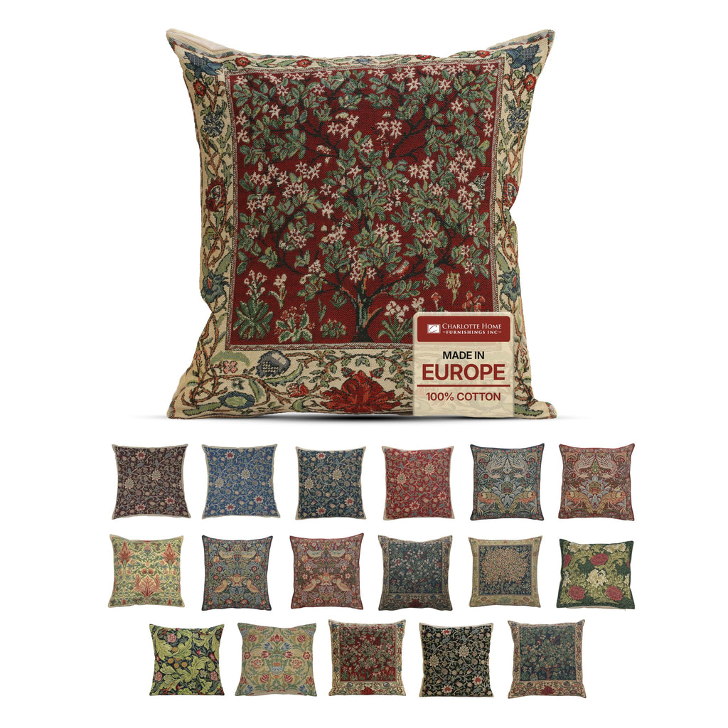 William Morris Fleurs de Morris Red Tapestry Throw Pillow Cover 16 x 16 in