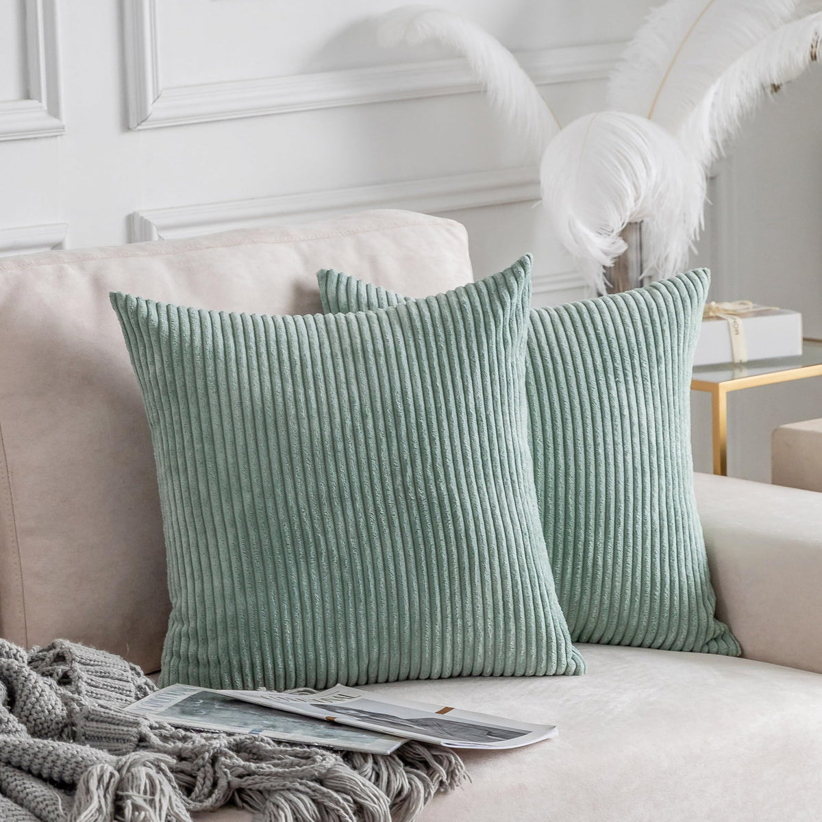 Home Brilliant Yellow Pillow Covers Summer Decorative Set of 2 Striped Corduroy Plush Velvet Throw Pillow Covers for Couch Decor, 18x18 inch, Light Yellow