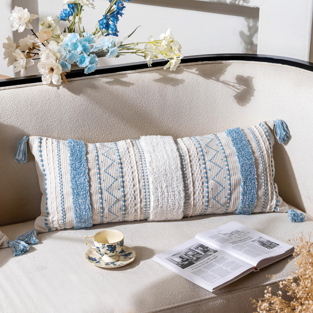 BlissBlush 14x36 Lumbar Pillow Cover for Bed, Rectangular Long Decorative Throw Pillowcase, Boho Accent Cushion with Tufted Pattern and Tassels, Cream Beige Neutral (Cover Only)