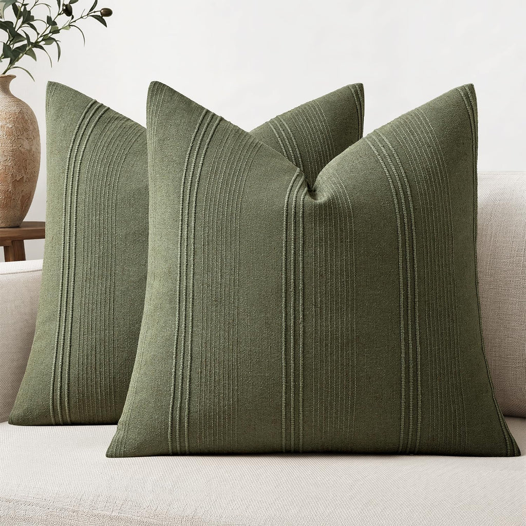 MIULEE Decorative Striped Throw Pillow Covers 20x20 Inch Olive Green 2 Pack