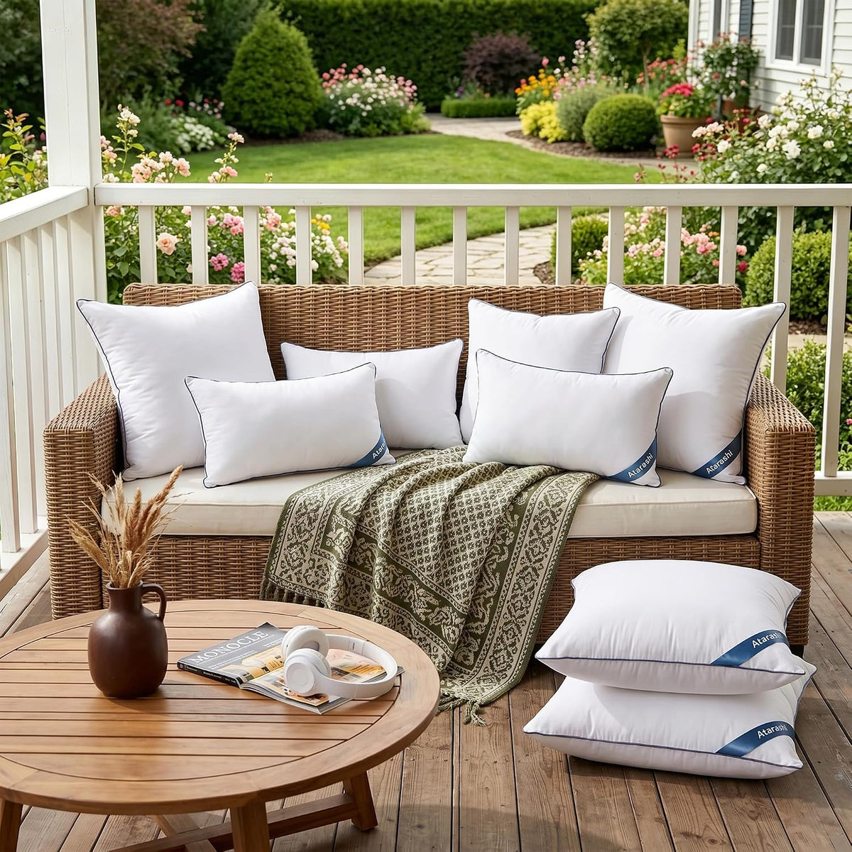 Atarashi 18 x 18 Outdoor Pillow Inserts (Pack of 2)- Waterproof Firm and Fluffy Square Throw Pillows - Decorative Pillow Forms for Couch Sofa Bed Patio Furniture - White