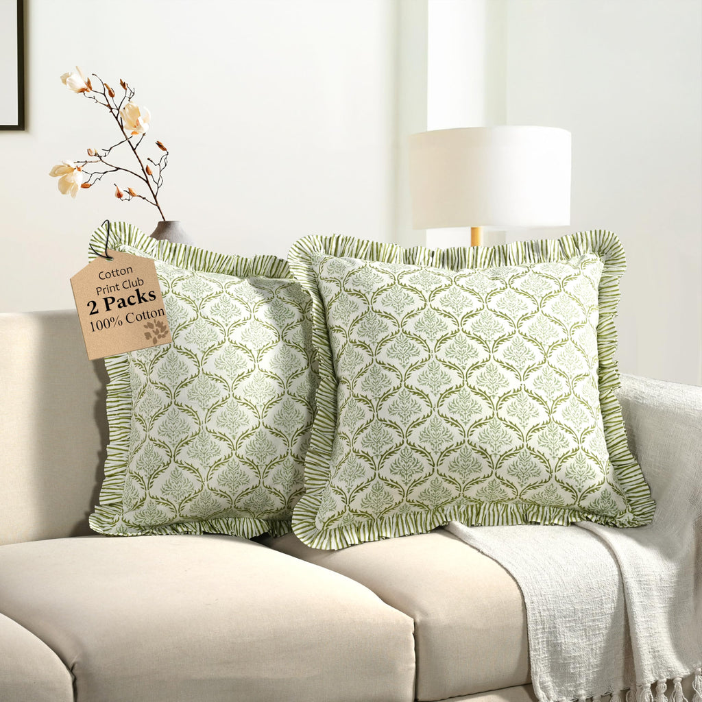 CPC Block Print Ruffle Throw Pillow Cover Emerald Green 20"x20", Pack of 2