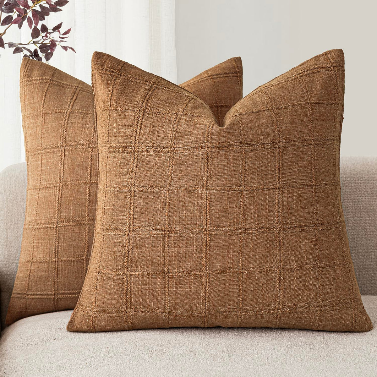 Foindtower Boho Linen Check Decorative Throw Pillow Cover 20×20 Olive Green