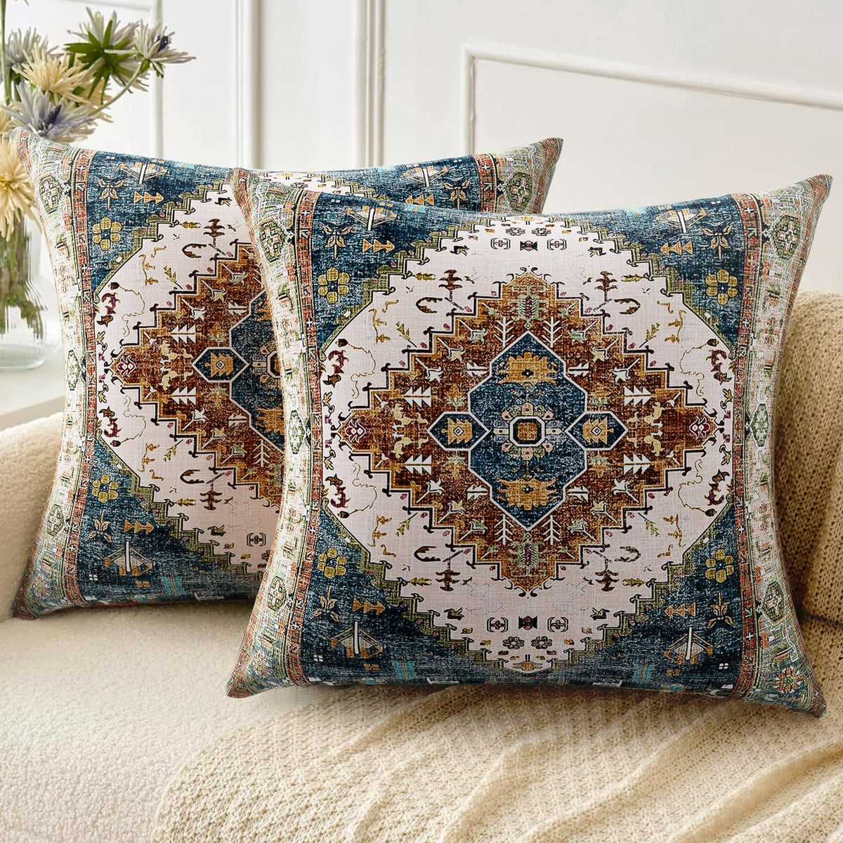 Boho Throw Pillow Covers 18x18 inch Set of 2,Soft Pillowcases Bohemia Carpet Printing Pattern Decorative Sofa Living Room Bed Square Pillow Case Cushion Cover-Cream Color