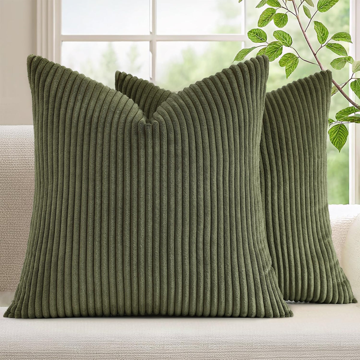Mecatny Corduroy Fall Decorative Throw Pillow Covers 18x18 Set of 2 Khaki