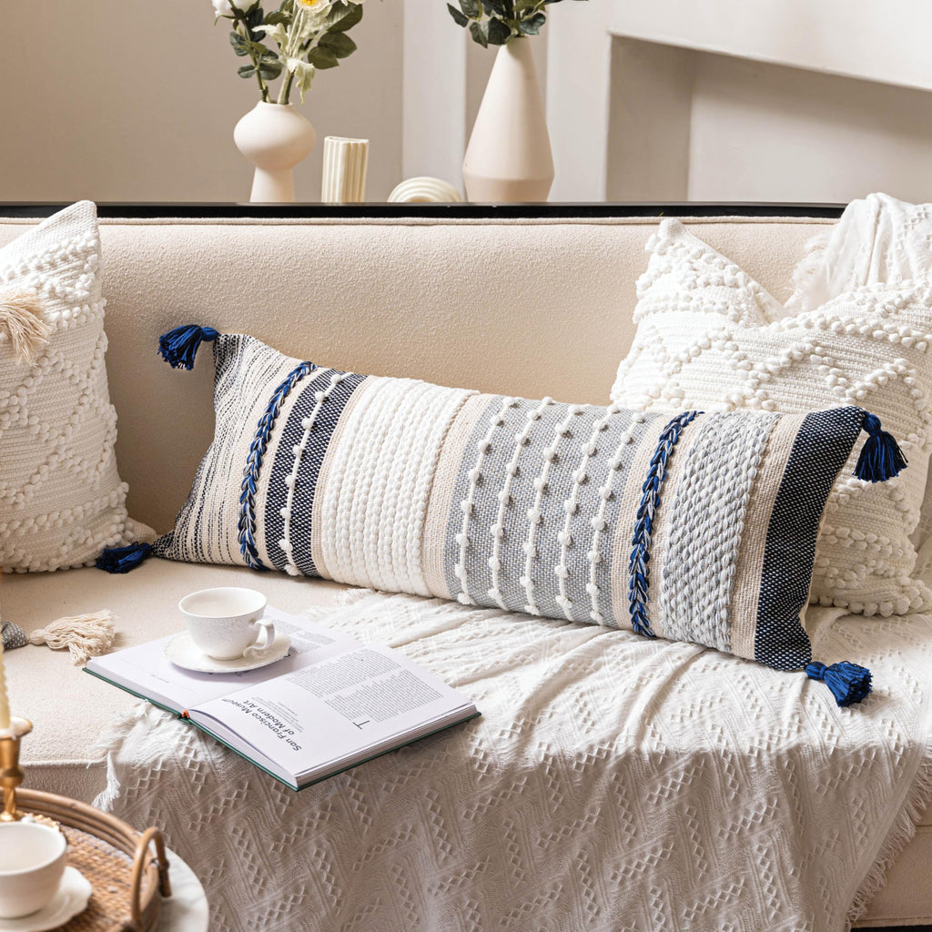 BlissBlush Coastal Blue Decorative Lumbar Pillow Cover 14x36 Boho Long Body Pillow for Bed Farmhouse Lumbar Throw Pillow for Couch Modern Accent Textured Throw Pillowcase