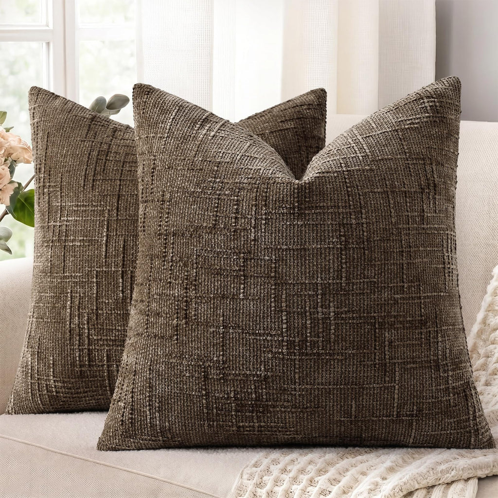 decorUhome Textured Chenille Throw Pillow Covers 18x18 Set of 2 Cream White
