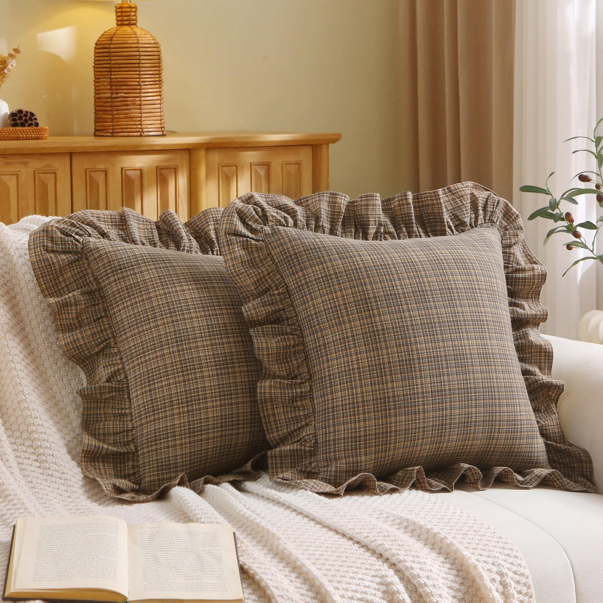 Gingham Throw Pillow Covers 18x18, Warm Taupe/White, Ruffle Trim