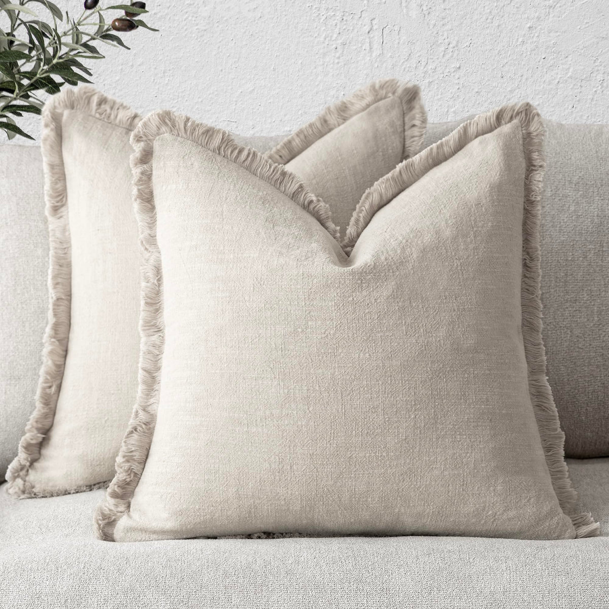 Foindtower Decorative Linen Fringe Throw Pillow Covers 18×18 Olive Green