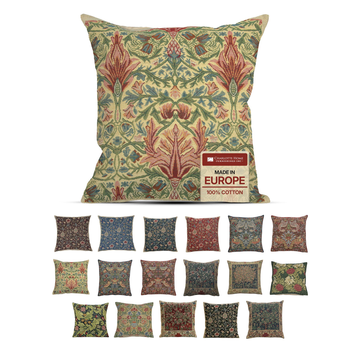 William Morris Fleurs de Morris Red Tapestry Throw Pillow Cover 16 x 16 in