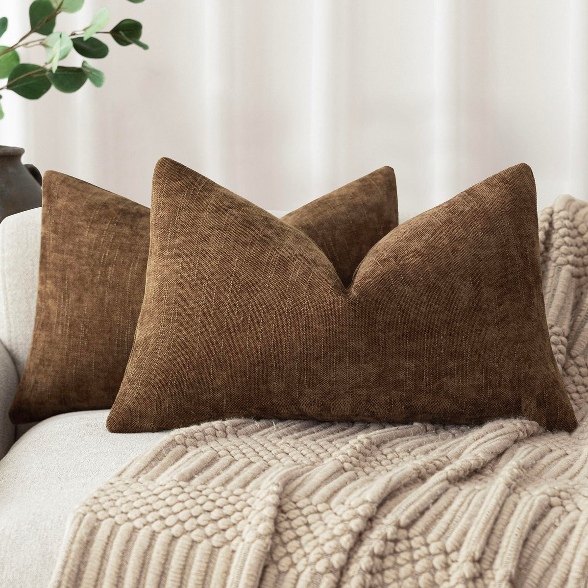 Foindtower Solid Textured Chenille Throw Pillow Covers 20x20 Inch,Taupe