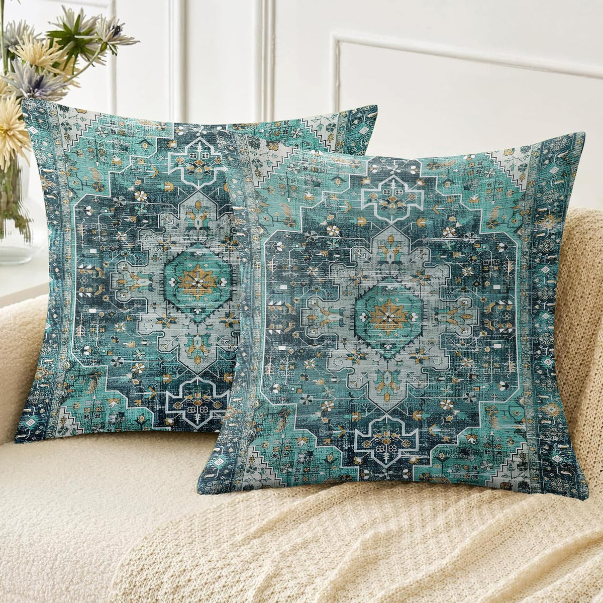 Boho Throw Pillow Covers 18x18 inch Set of 2,Soft Pillowcases Bohemia Carpet Printing Pattern Decorative Sofa Living Room Bed Square Pillow Case Cushion Cover-Cream Color