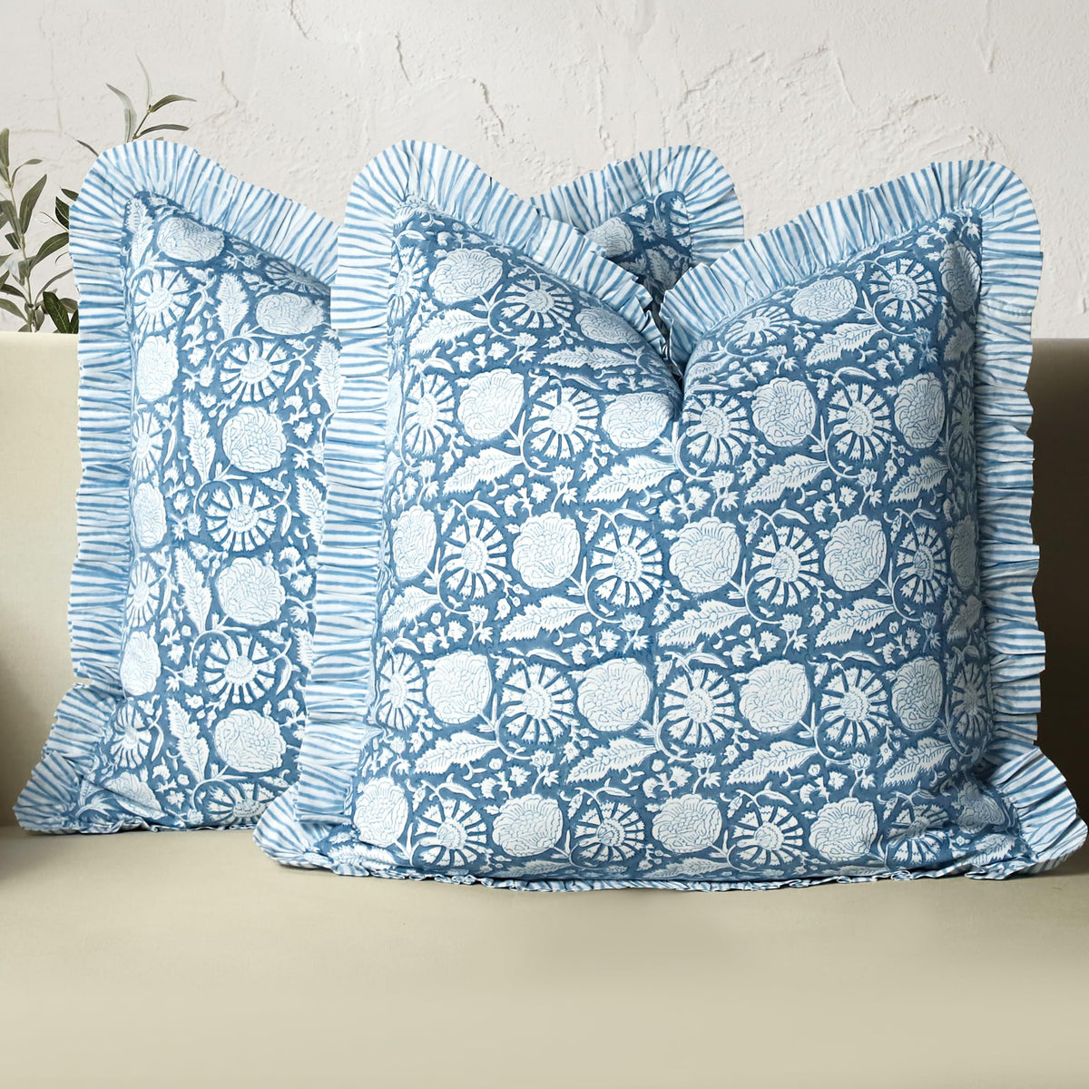CPC Block Print Ruffle Throw Pillow Cover Emerald Green 20"x20", Pack of 2