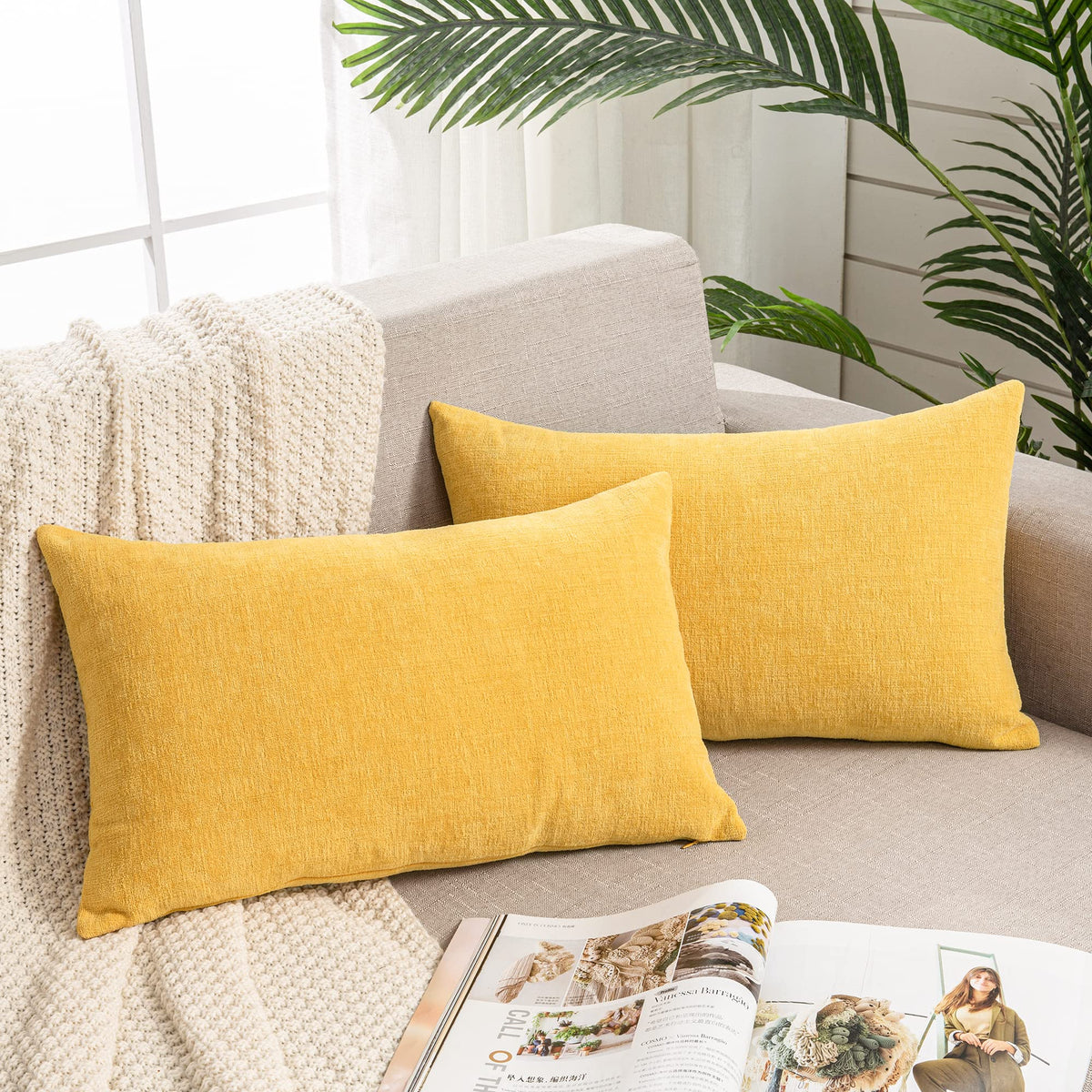 GAWAMAY Lumbar Support Pillow Decorative Rectangle Throw Pillow Covers 12"x20" Inch Set of 2, Soft Chenille Pillowcase for Living Room Bedroom Sofa Couch Cushion Cover Navy Blue 30x50cm (ONLY Covers)