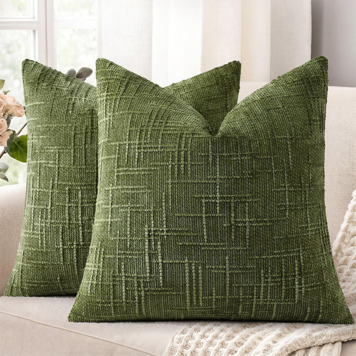 decorUhome Textured Chenille Throw Pillow Covers 18x18 Set of 2 Cream White