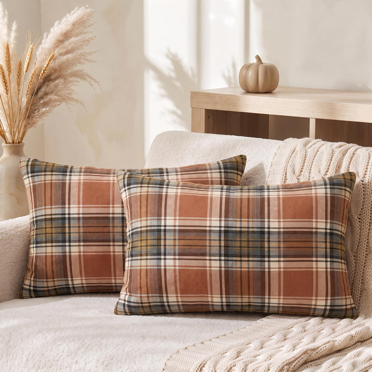 AVOIN colorlife Fall Caramel Brown Plaid Decorative Throw Pillow Covers, 18 x 18 Inch Holiday Scottish Tartan Cushion Case Farmhouse Decoration for Sofa Couch Set of 2