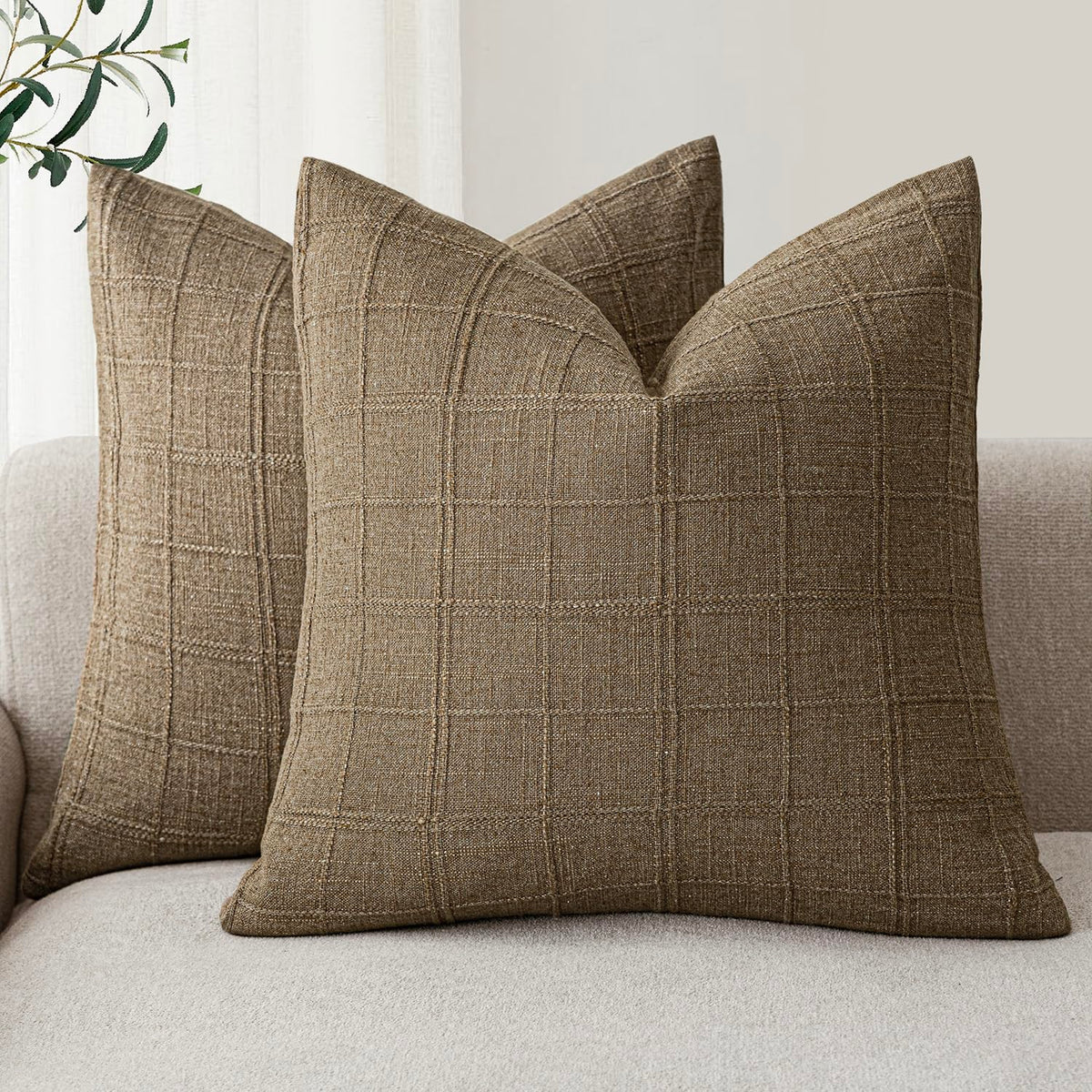 Foindtower Boho Linen Check Decorative Throw Pillow Cover 20×20 Olive Green