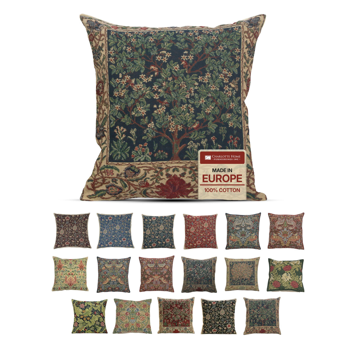 William Morris Fleurs de Morris Red Tapestry Throw Pillow Cover 16 x 16 in