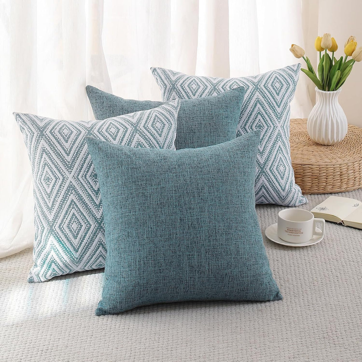 HPUK Throw Pillow Covers 18x18 Set of 4, Blue Patterned & Solid Covers