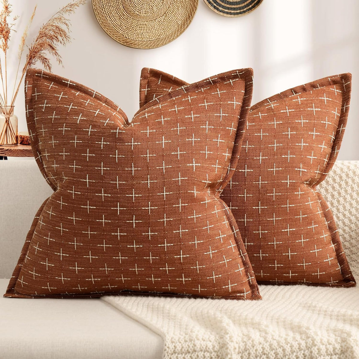 ZWJD Fall Pillow Covers 20x20 Set of 2 Soft Polyester Textured Rust Pillow Covers with Stylish Flange Edge Cozy Farmhouse Throw Pillows for Couch Bed Sofa Living Room Fall Decor
