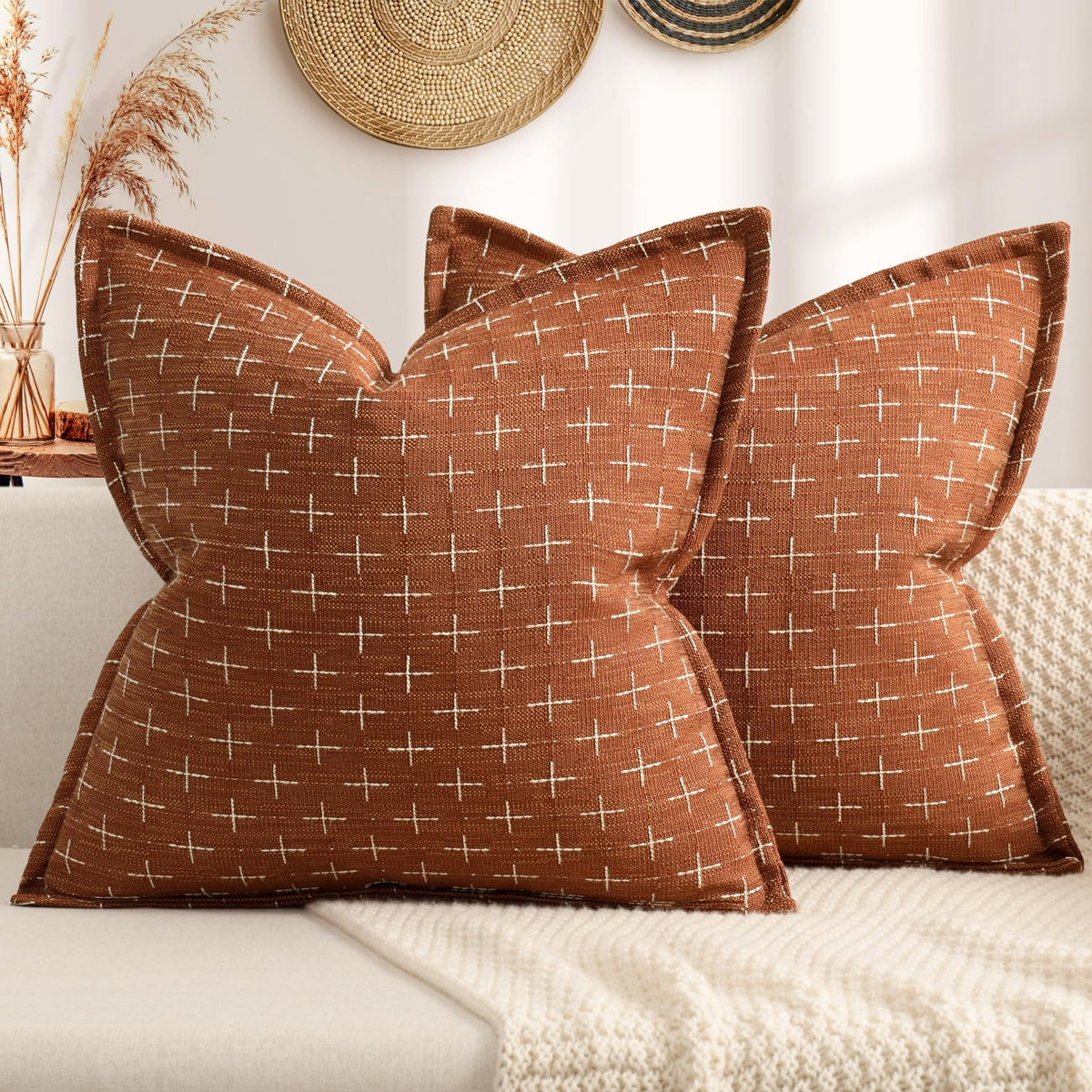 ZWJD Fall Pillow Covers 20x20 Set of 2 Soft Polyester Textured Rust Pillow Covers with Stylish Flange Edge Cozy Farmhouse Throw Pillows for Couch Bed Sofa Living Room Fall Decor