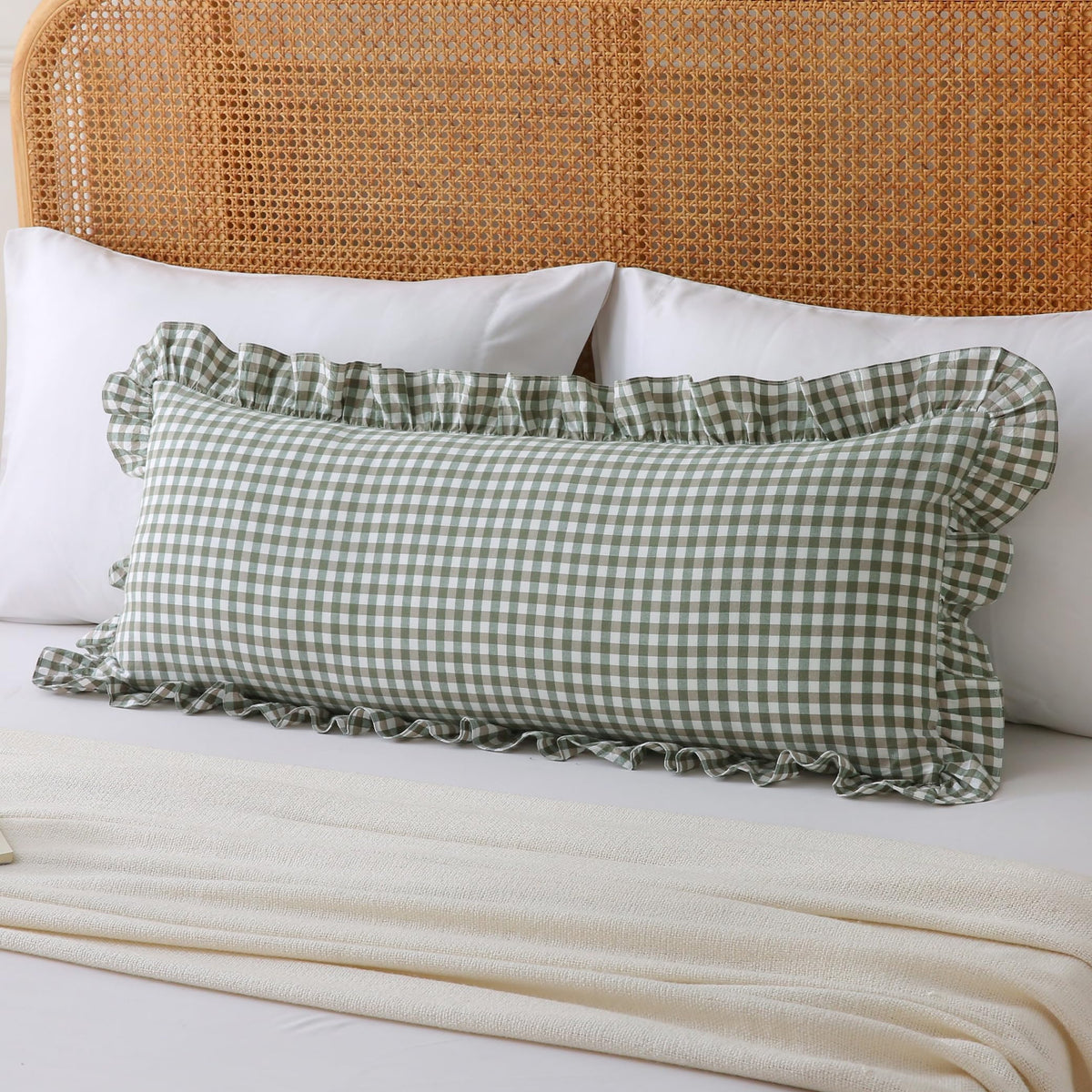 Gingham Throw Pillow Covers 18x18, Warm Taupe/White, Ruffle Trim