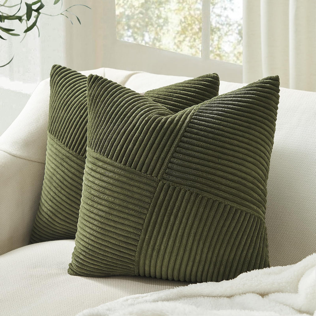 Topfinel Olive Green Decorative Throw Pillow Covers Set of 2 18x18 Inches for Couch Bed Sofa, Boho Aesthetic Home Decor, Soft Corduroy Striped Patchwork Windmill Textured Cushion Cases 45x45 cm