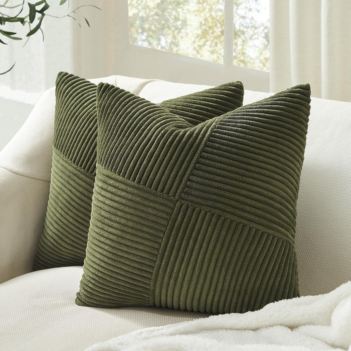 Topfinel Olive Green Decorative Throw Pillow Covers Set of 2 18x18 Inches for Couch Bed Sofa, Boho Aesthetic Home Decor, Soft Corduroy Striped Patchwork Windmill Textured Cushion Cases 45x45 cm