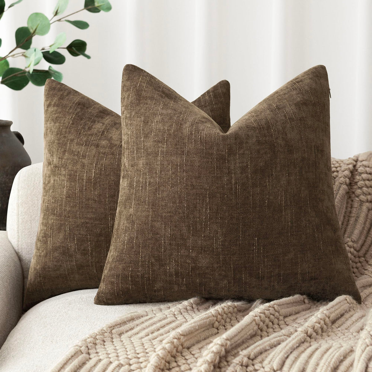 Foindtower Solid Textured Chenille Throw Pillow Covers 20x20 Inch,Taupe