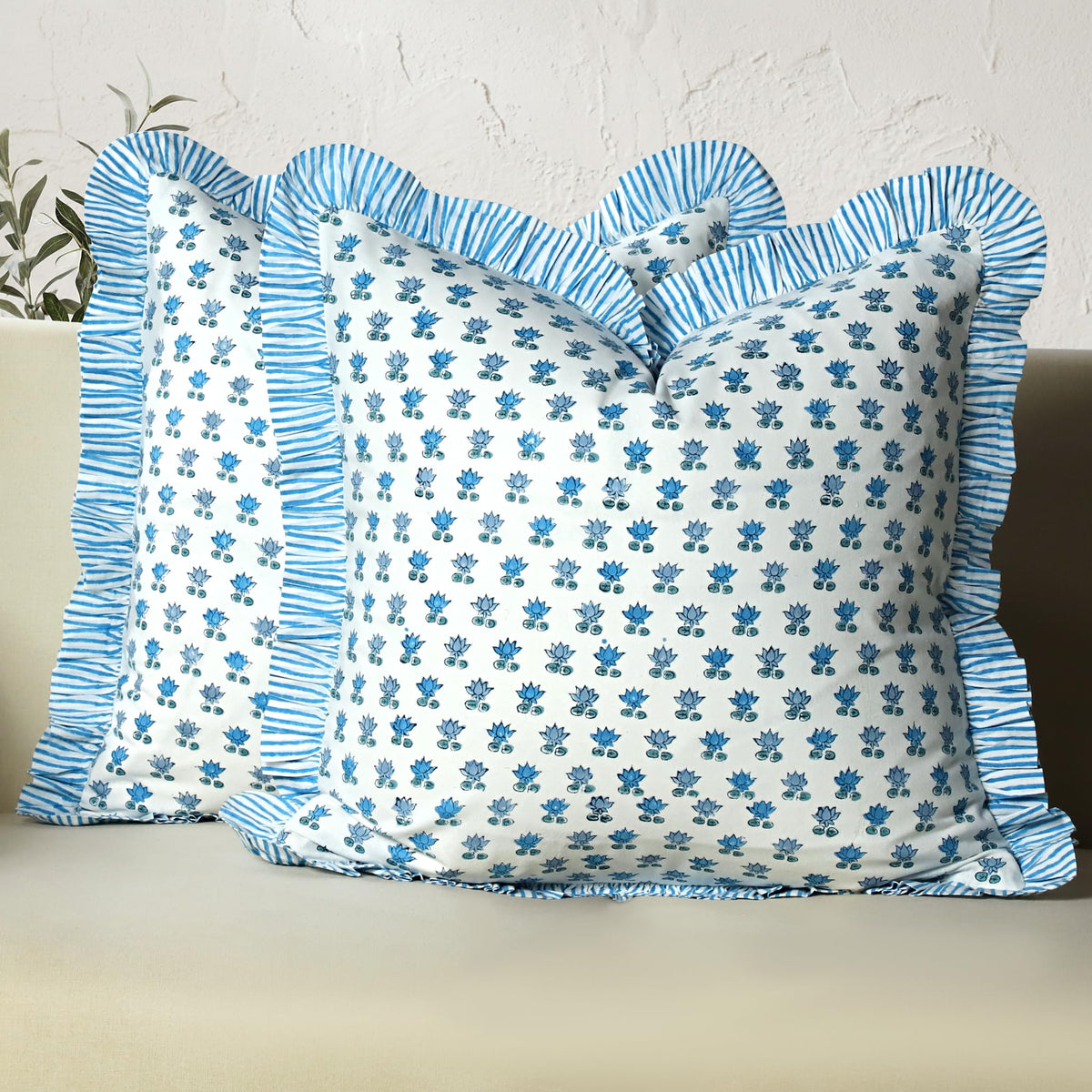 CPC Block Print Ruffle Throw Pillow Cover Emerald Green 20"x20", Pack of 2