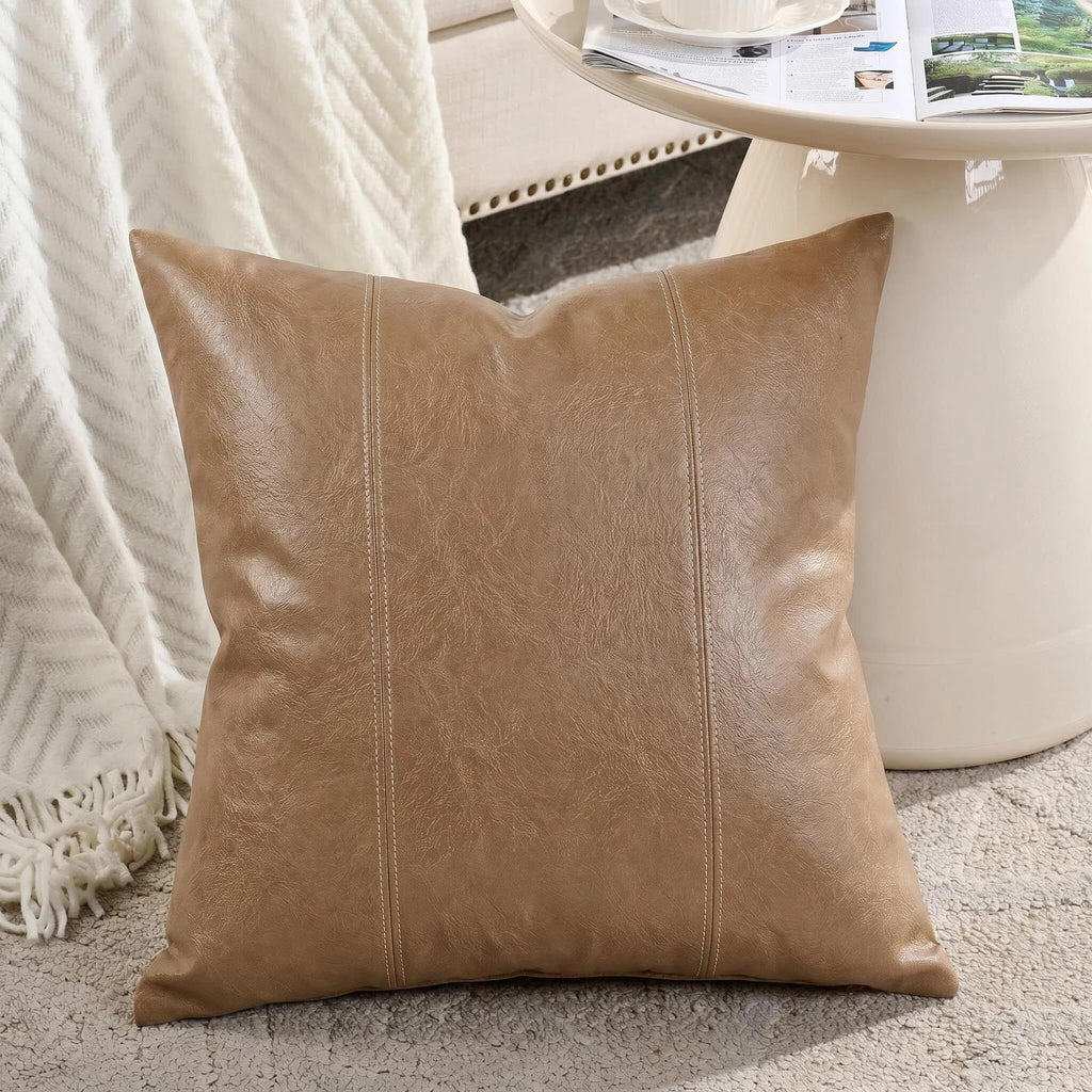 Fancy Homi Brown Boho Long Lumbar Faux Leather Body Decorative Throw Pillow Cover 14x36 Inch for Bedroom Couch Bed Sofa Bench, Hand Stitched Stylish Pillowcase, Rustic Modern Farmhouse Room Decor