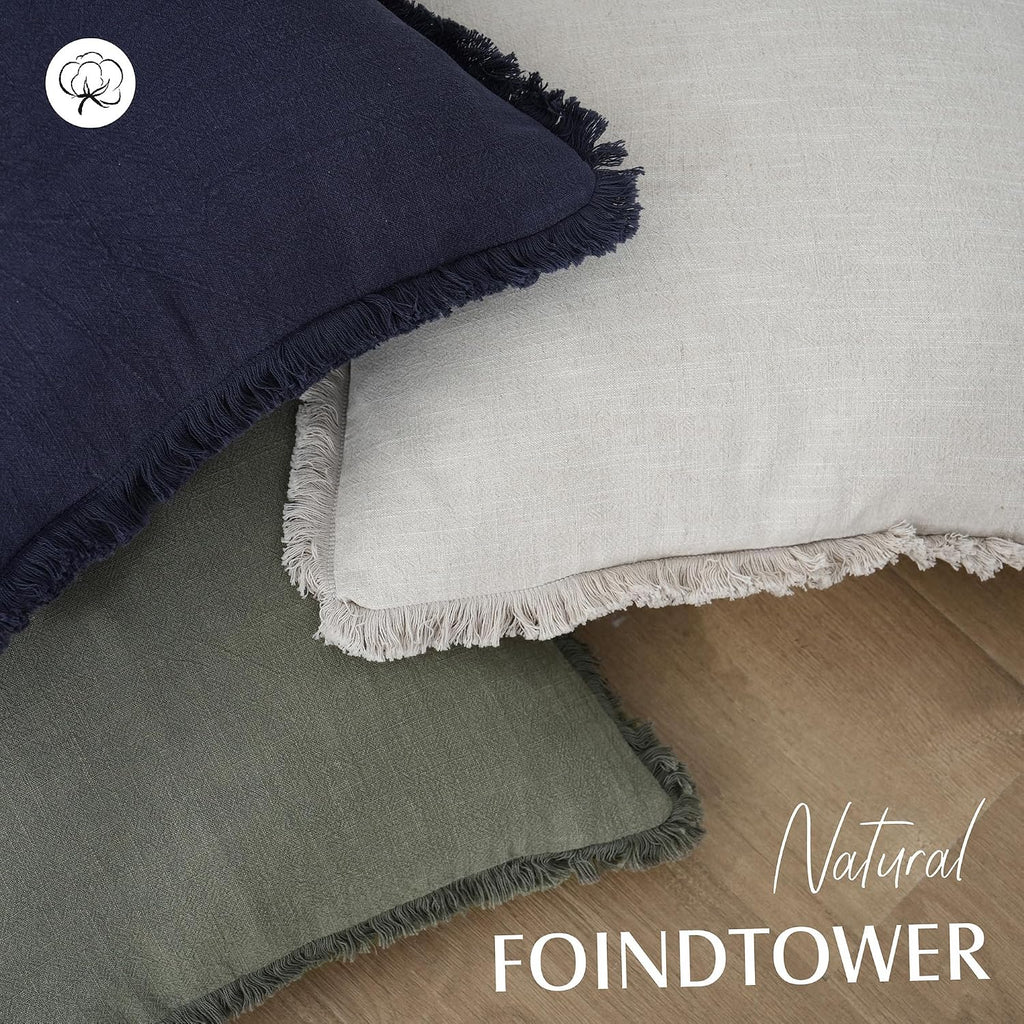 Foindtower Decorative Linen Fringe Throw Pillow Covers 18×18 Olive Green