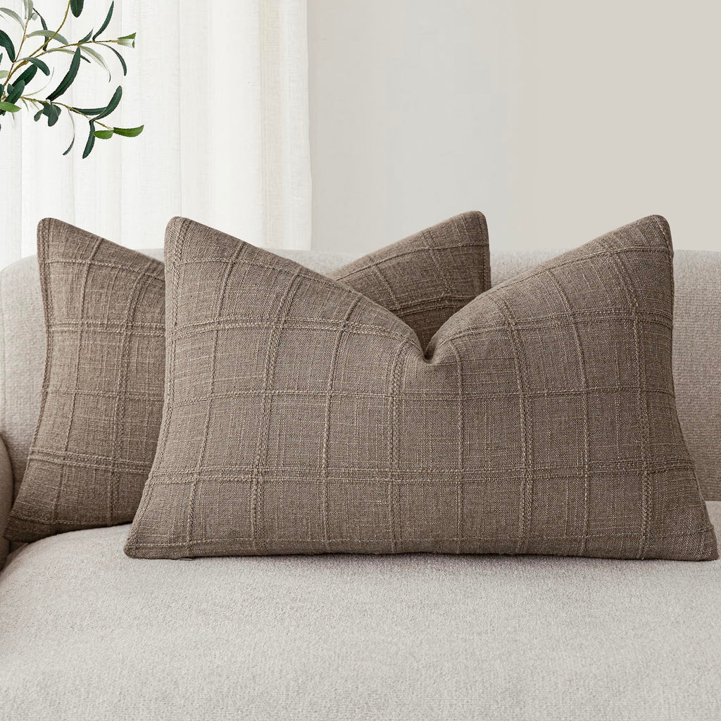 Foindtower Boho Linen Check Decorative Throw Pillow Cover 20×20 Olive Green