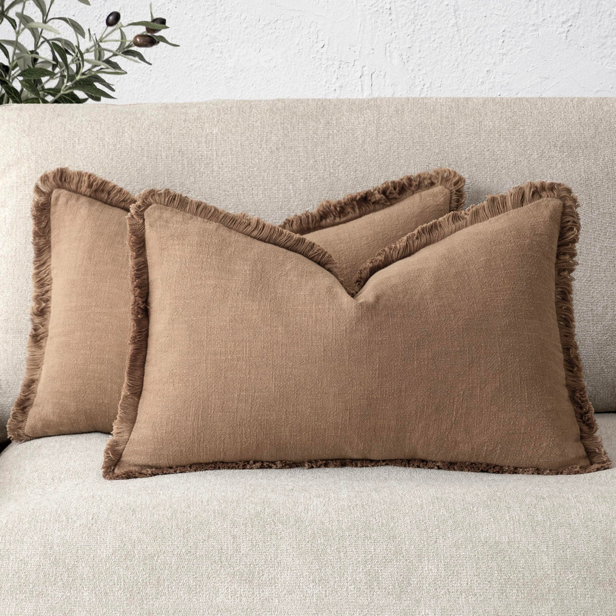 Foindtower Decorative Linen Fringe Throw Pillow Covers 18×18 Olive Green