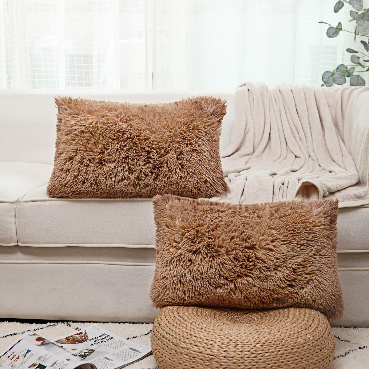 NordECO HOME Luxury Soft Faux Fur Fleece Cushion Cover Pillowcase Spring Decorative Throw Pillows Covers, No Pillow Insert, 18" x 18" Inch, White, 2 Pack