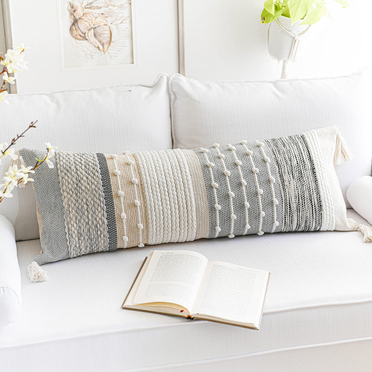 BlissBlush Coastal Blue Decorative Lumbar Pillow Cover 14x36 Boho Long Body Pillow for Bed Farmhouse Lumbar Throw Pillow for Couch Modern Accent Textured Throw Pillowcase