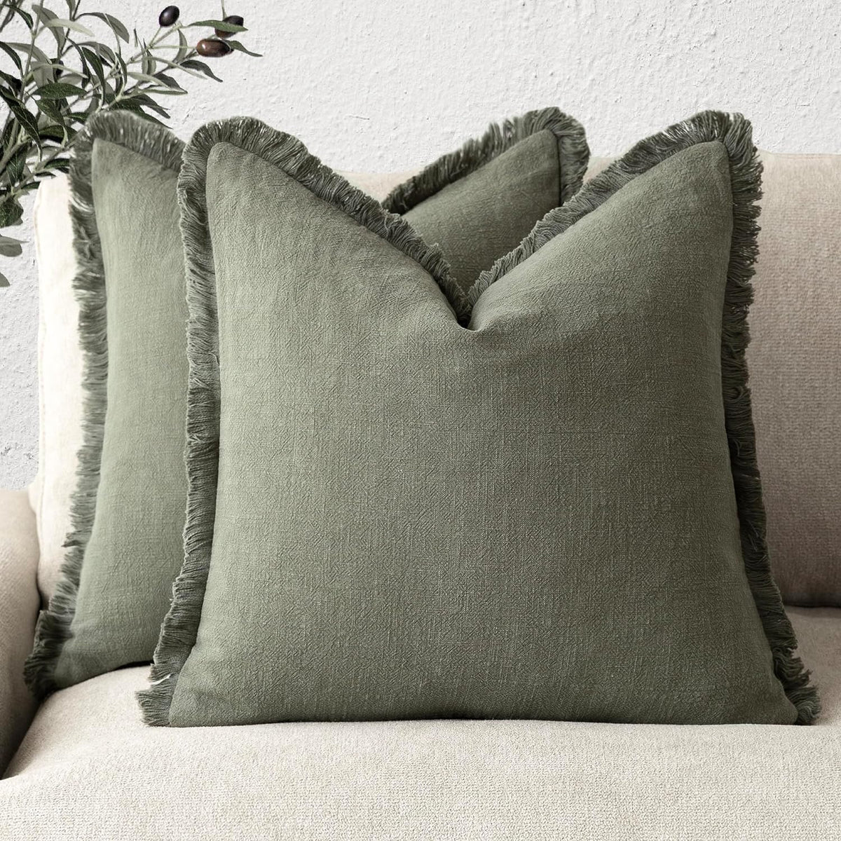 Foindtower Decorative Linen Fringe Throw Pillow Covers 18×18 Olive Green