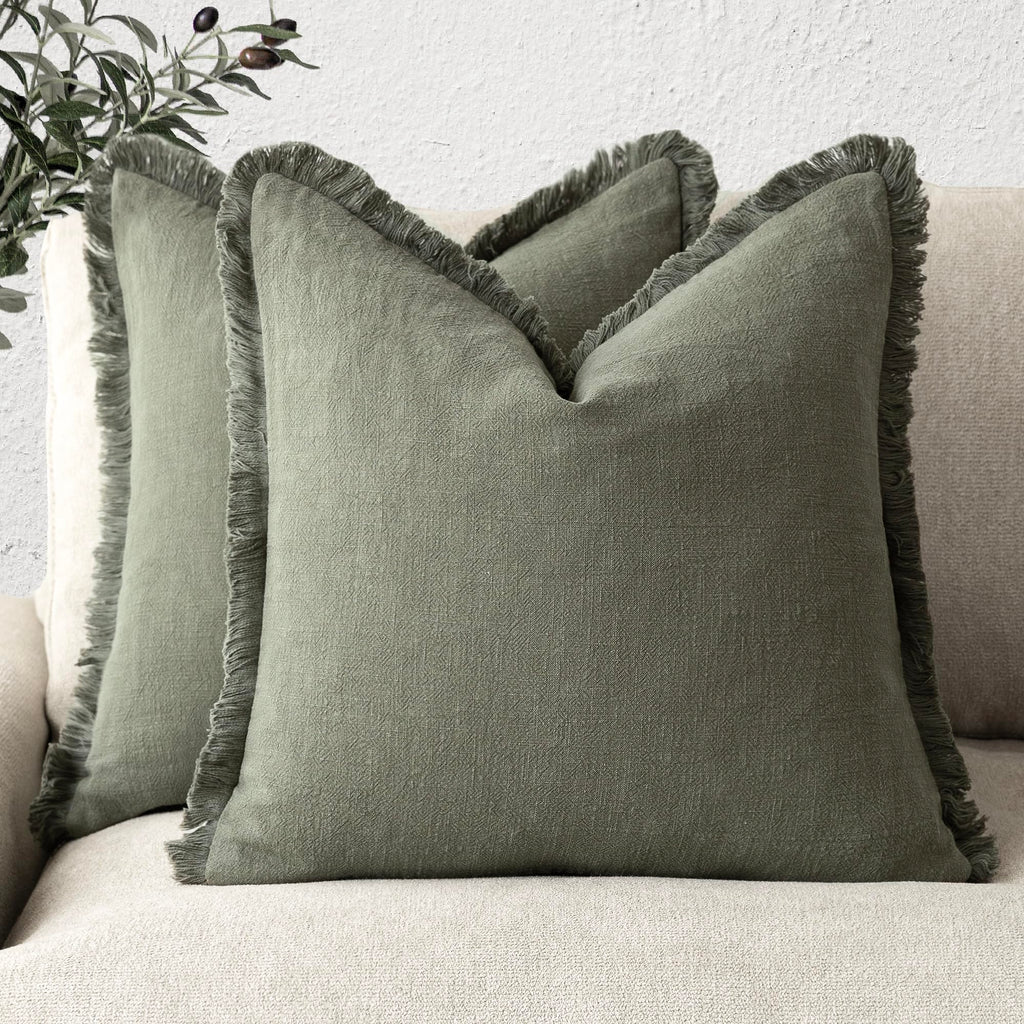 Foindtower Decorative Linen Fringe Throw Pillow Covers 18×18 Olive Green