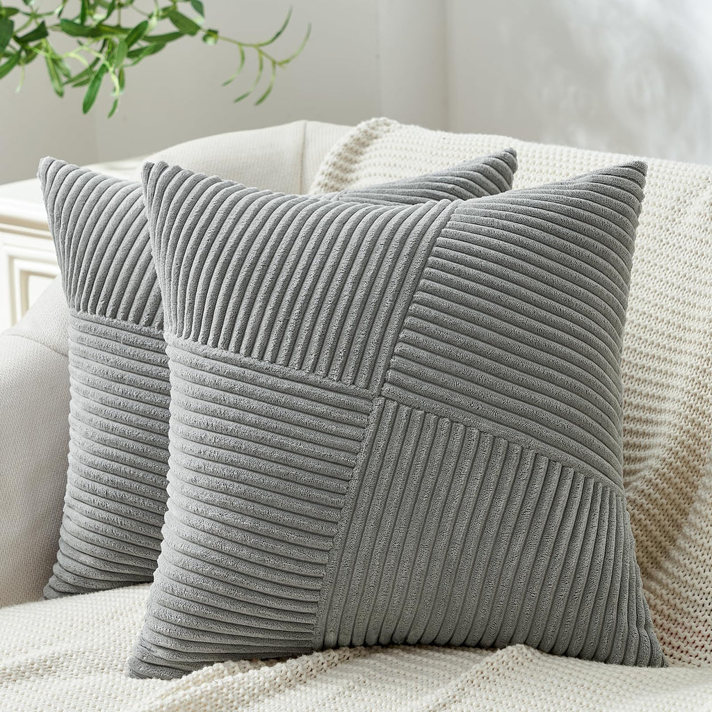 Topfinel Olive Green Decorative Throw Pillow Covers Set of 2 18x18 Inches for Couch Bed Sofa, Boho Aesthetic Home Decor, Soft Corduroy Striped Patchwork Windmill Textured Cushion Cases 45x45 cm