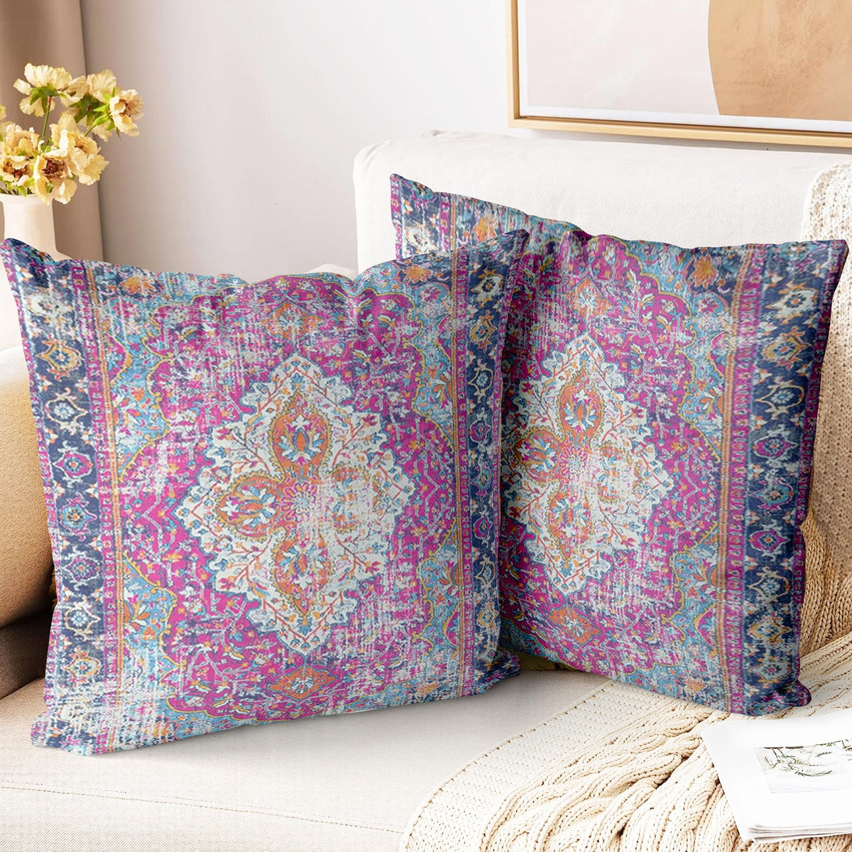 Boho Throw Pillow Covers 18x18 inch Set of 2,Soft Pillowcases Bohemia Carpet Printing Pattern Decorative Sofa Living Room Bed Square Pillow Case Cushion Cover-Cream Color