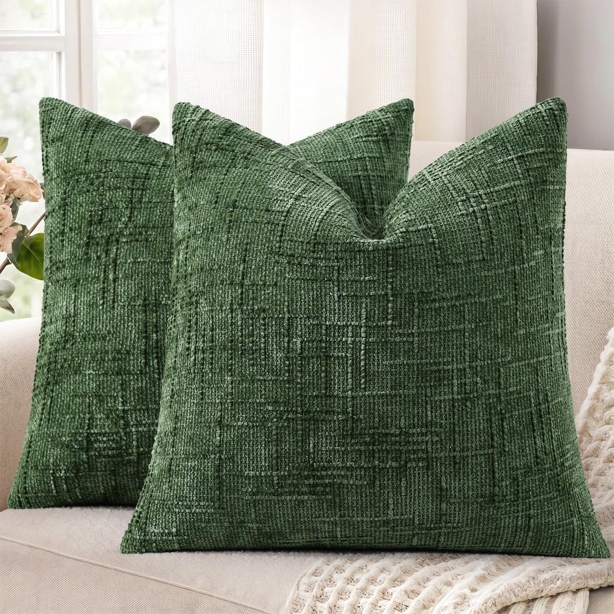 decorUhome Textured Chenille Throw Pillow Covers 18x18 Set of 2 Cream White