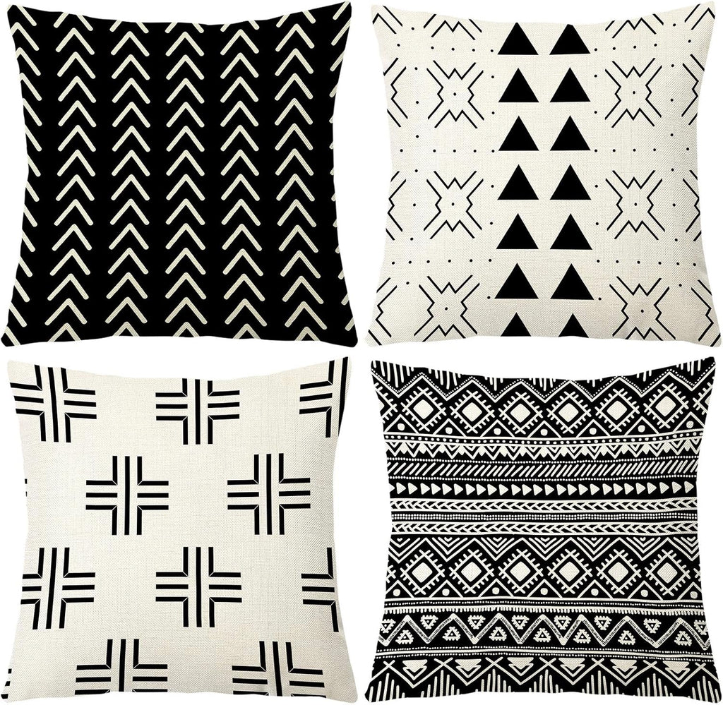 Aoomzoon Pillow Covers 18x18 Set of 4, Modern Boho Geometric Decorative Throw Pillow Covers, Cotton Linen Home Decor Cushion Cover for Couch Sofa Living Room Outdoor Car (18”x18”, Black)