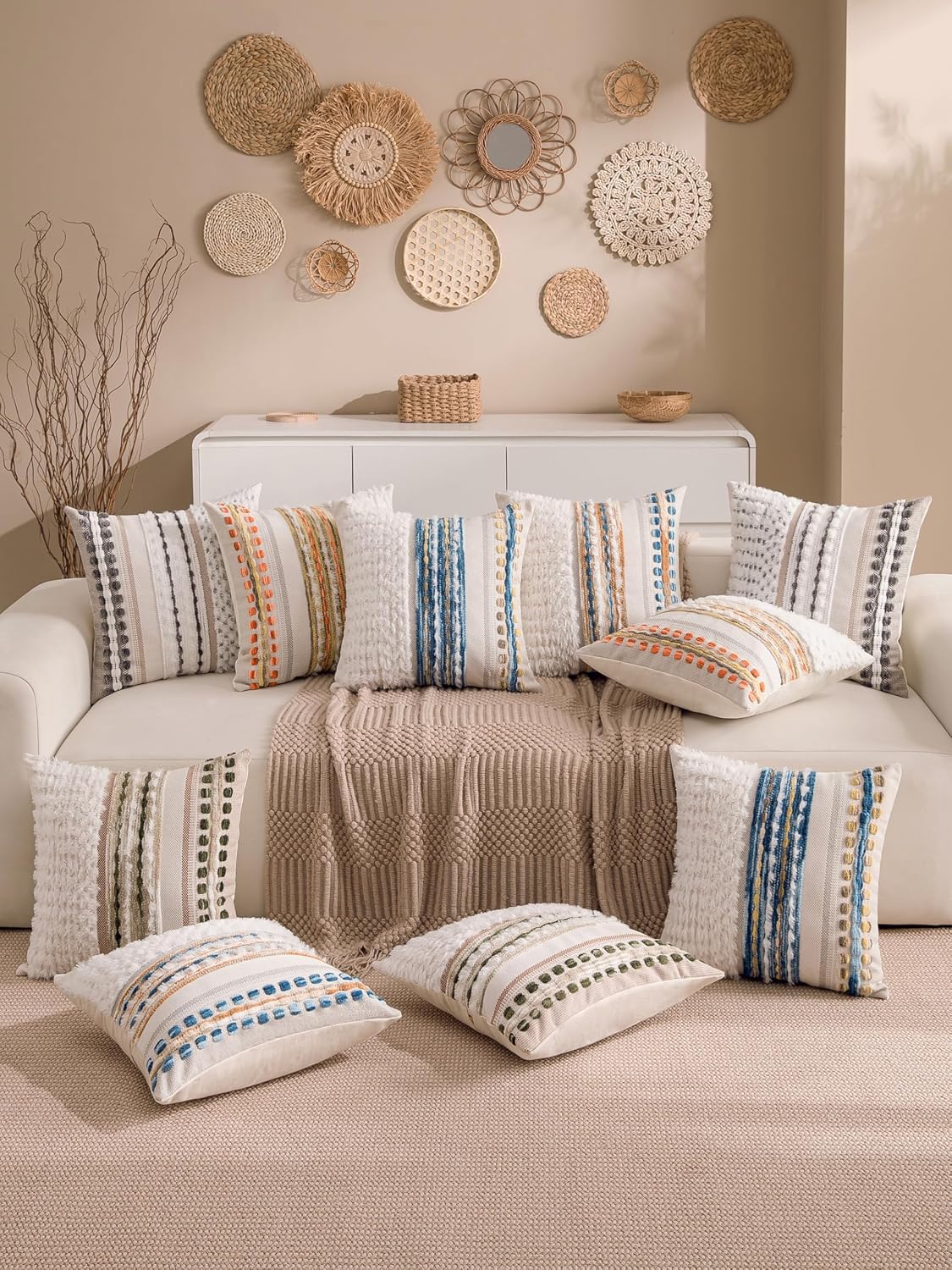 Boho Chenille Tufted Couch Throw Pillow Covers 18x18 Inch Set of 2 Farmhouse Striped Decorative Pillow Covers Accent Neutral Square Pillowcase Green Cushion Covers for Livingroom Sofa Bed