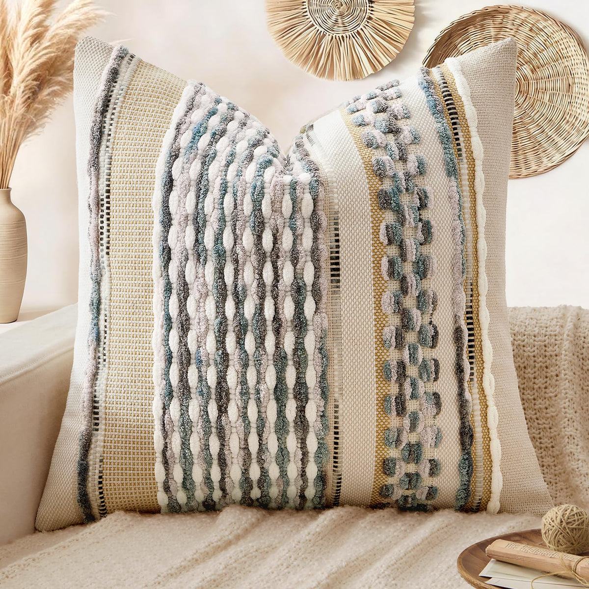 ANRODUO Boho Decorative Pillow Covers Olive Green Stripe 18x18 Pack of 2