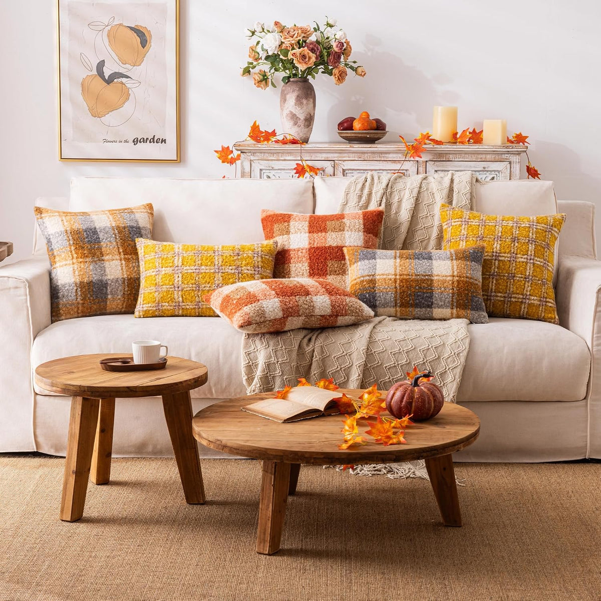 AQOTHES Plaid Fall Throw Pillow Covers Orange 18x18 Inch Set of 2
